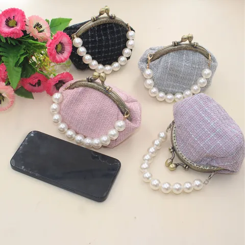 Vintage Tweed Portemonnee Met Kunstparel Handvat Elegante Mini Sluiting Tas Voor Vrouwen Kleine Handtas Voor Feest Dagelijks