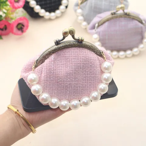 Vintage Tweed Portemonnee Met Kunstparel Handvat Elegante Mini Sluiting Tas Voor Vrouwen Kleine Handtas Voor Feest Dagelijks