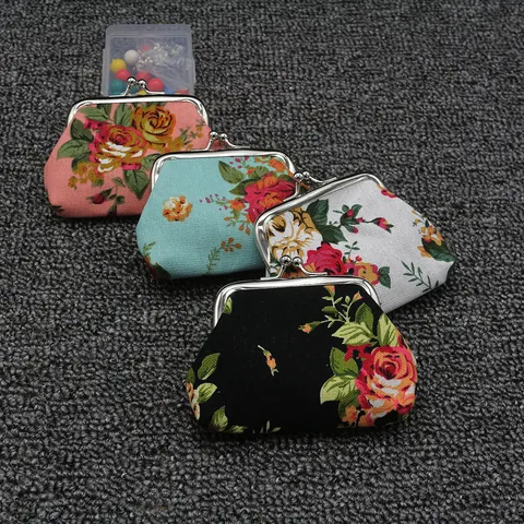 Vintage Canvas Portemonnee Voor Dames Meisjes Mini Roos Patroon Beugelsluiting Kleingeld Portemonnee Kleine Katoenen Tas