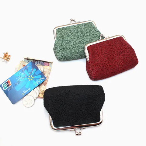 Dames Retro Kant Kiss-lock Muntportemonnee Vintage PU Leer Kleine Portemonnee Voor Munten Kaarten Sleutels Bloemen Clutch Tas