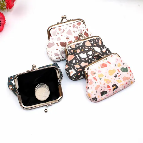 Minimalist Terrazzo Stone Pattern Kiss-lock Coin Purse For Women Vintage Metal Clasp PU Leather Small Wallet Pouch Pockets