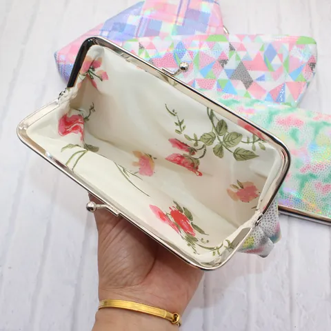 Dames Vintage Holografisch PU Leer Portemonnee Beugelsluiting Mini Clutch Tas Geometrische Print Laser Kleine Make-up Opbergtas