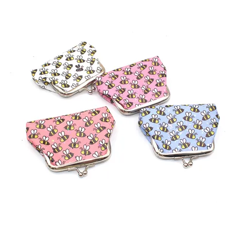 Cartoon Bee Print Mini PU Leather Coin Purse With Vintage Metal Clasp Laser Sequin Small Wallet For Women Kids Gift