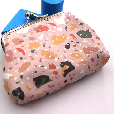 Minimalist Terrazzo Stone Pattern Kiss-lock Coin Purse For Women Vintage Metal Clasp PU Leather Small Wallet Pouch Pockets
