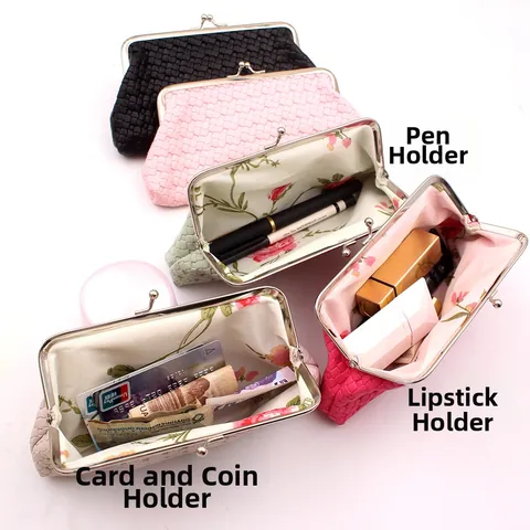 Women Woven PU Leather Clutch Bag Vintage Kiss Lock Metal Frame Coin Purse Small Handbag Retro Woven Texture Storage Pouch