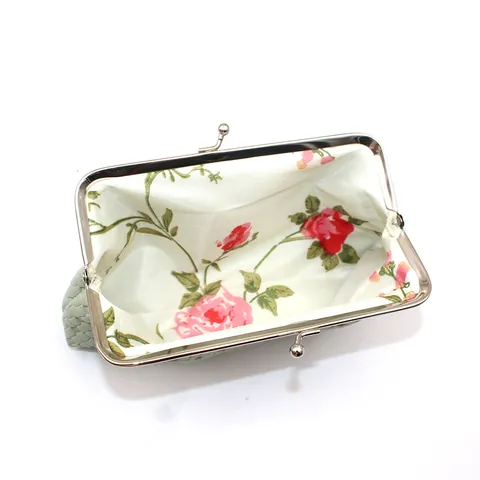 Dames Geweven PU Leer Clutch Vintage Kiss Lock Metalen Frame Portemonnee Kleine Handtas Retro Geweven Textuur Opbergtas