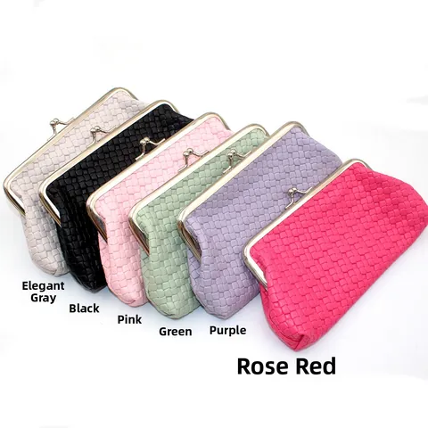 Women Woven PU Leather Clutch Bag Vintage Kiss Lock Metal Frame Coin Purse Small Handbag Retro Woven Texture Storage Pouch