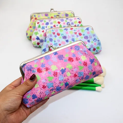 Vintage Damen PU Leder Floral Münzbörse Kussverschluss Mini Clutch Tasche Laser Blattdruck Kleiner Geldbeutel