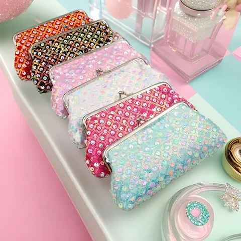 Women Vintage Sequin Kiss Lock Coin Purse Small Clutch Bag Multifunctional Glitter Makeup Storage Pouch Evening Handbag For Party Wedding