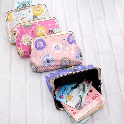 Cartoon Lion Pattern Laser PU Leather Mini Coin Purse Women Girls Portable Bank Card Holder Retro Metal Clasp Small Wallet