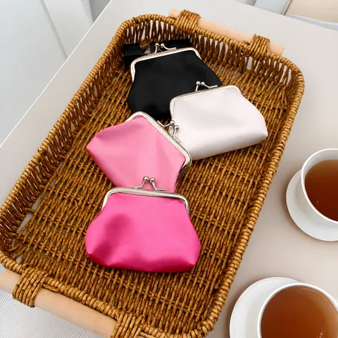 Vintage Satin Coin Purse For Women Metal Kiss-lock Closure Mini Solid Color Fabric Jewelry Storage Bag Small Wallet