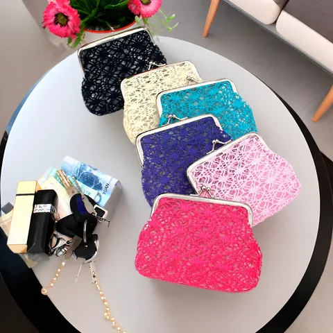 Women Vintage Lace Mesh Coin Purse Metal Kiss-Lock Mini Wallet Portable Card Holder Floral Storage Pouch Small Handbag