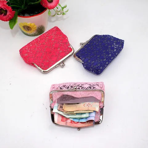 Vintage Dames Kant Gaas Portemonnee Metalen Knipsluiting Mini Wallet Draagbare Kaarthouder Bloemen Opbergzakje Kleine Handtas