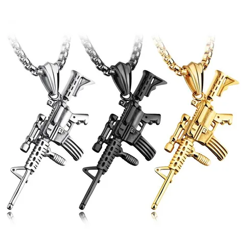 Men's Hip Hop Stainless Steel Rifle Pendant Necklace Military Style Gold Silver Black Firearm Shape Jewelry Gift For Men