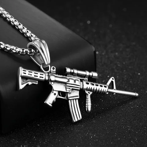 Men's Hip Hop Stainless Steel Rifle Pendant Necklace Military Style Gold Silver Black Firearm Shape Jewelry Gift For Men