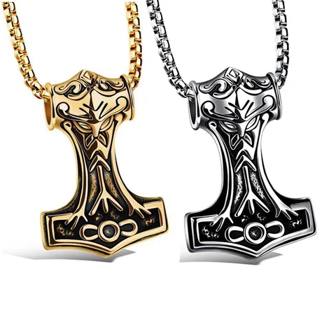 Viking Thor's Hammer Mjolnir Pendant Necklace For Men Vintage Nordic Totem Relief Zinc Alloy Stainless Steel Jewelry Gift