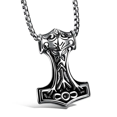 Viking Thor's Hammer Mjolnir Pendant Necklace For Men Vintage Nordic Totem Relief Zinc Alloy Stainless Steel Jewelry Gift