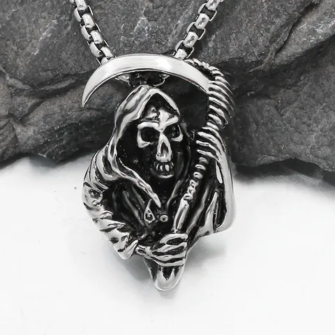 Gothic Grim Reaper Pendant Necklace Stainless Steel Retro Punk Skeleton Scythe Charm Box Chain Men Women Halloween Gift