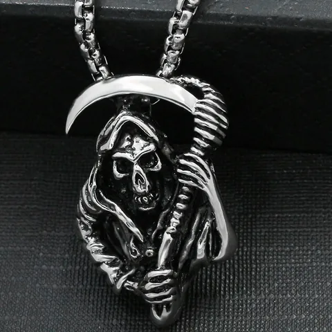 Gothic Grim Reaper Pendant Necklace Zinc Alloy Skull Death With Scythe Stainless Steel Box Chain Punk Rock Jewelry For Men