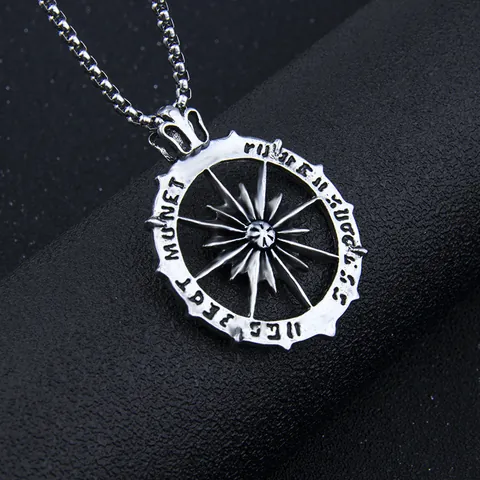 Vintage Stainless Steel Alloy Compass Star Pendant Necklace For Men Women Gothic Hip Hop Jewelry With Success Power Inscriptions
