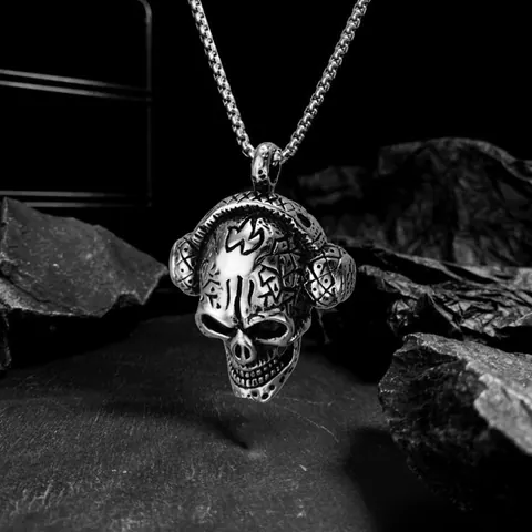 Vintage Punk Skull Headphone Pendant Necklace Stainless Steel Box Chain Alloy Gothic Rock Jewelry For Men Women Decor