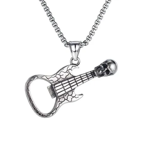 Men Vintage Punk Rock Skull Guitar Pendant Necklace With Stainless Steel Chain Functional Bottle Opener Jewelry For Music Fans Gift