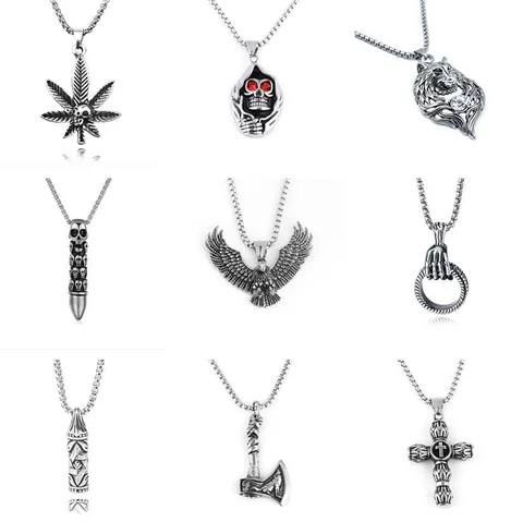 Retro Titanium Steel Pendant Necklace For Men Hip Hop Punk Gothic Skull Cross Wolf Feather Eagle Viking Jewelry Gift
