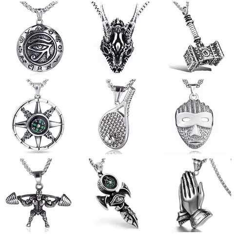 Retro Stainless Steel Alloy Pendant Necklace For Men Women Hip Hop Punk Style Jewelry With Skull Wolf Cross Wing Pendants