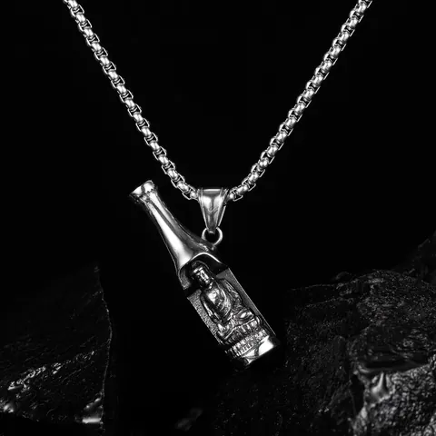 Vintage Edelstahl Herren Anhänger Halskette Buddha Flaschenform Flaschenöffner Schmuck Retro Legierung Anhänger Lange Kette