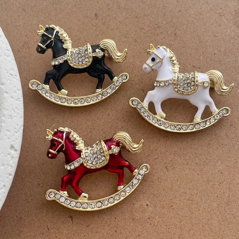 Vintage Alloy Enamel Rocking Horse Brooch Pins For Women Cute Rhinestone Inlaid Animal Brooches Clothing Accessories Jewelry Gift