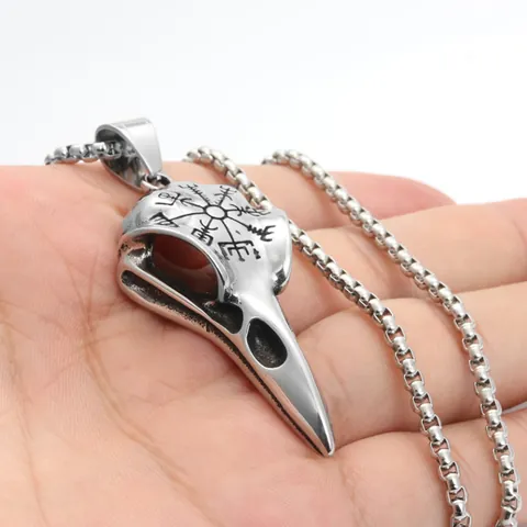 Collar Con Colgante De Cráneo De Ave Cuervo Vikingo Con Símbolo De Runa Vegvisir Cadena De Acero Inoxidable Joyería De Aleación Para Hombres Mujeres Estilo Pirata Vintage