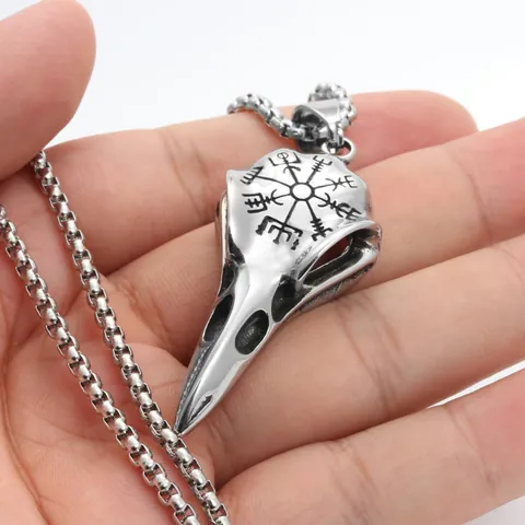 Collar Con Colgante De Cráneo De Ave Cuervo Vikingo Con Símbolo De Runa Vegvisir Cadena De Acero Inoxidable Joyería De Aleación Para Hombres Mujeres Estilo Pirata Vintage