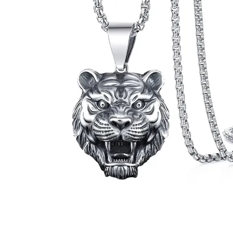 Retro Edelstahl Tigerkopf Anhänger Halskette Herren Hip Hop Dominante Legierung Wolfskopf Hammer Drumsticks Schmuck Geschenk