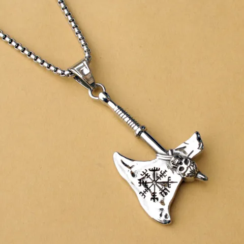 Viking Axe Pendant Necklace For Men Women Stainless Steel Box Chain Gothic Skull Vegvisir Rune Compass Cross Retro Jewelry