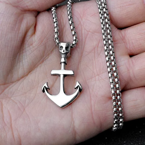 Vintage Viking Skull Anchor Pendant Necklace For Men Stainless Steel Box Chain Alloy Punk Gothic Hip Hop Jewelry Accessories