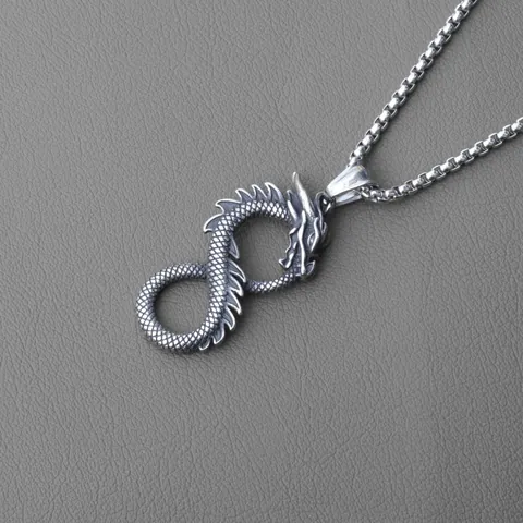 Retro Dragon Infinity Symbol Pendant Necklace Men Women Stainless Steel Box Chain Alloy Punk Hip Hop Gothic Jewelry