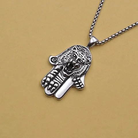 Retro Stainless Steel Alloy Tiger Hamsa Hand Pendant Necklace For Men Women Punk Viking Snake Anchor Jewelry