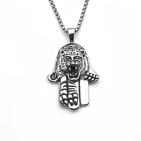 Retro Stainless Steel Alloy Tiger Hamsa Hand Pendant Necklace For Men Women Punk Viking Snake Anchor Jewelry
