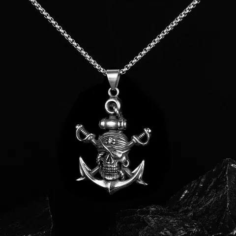 Vintage Stainless Steel Alloy Pirate Skull Anchor Pendant Necklace For Men Women Punk Gothic Hip Hop Jewelry Gifts