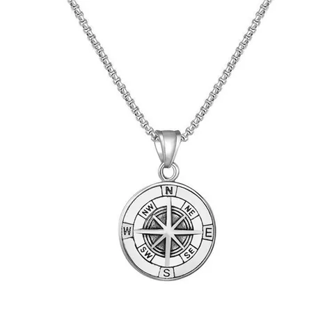 Collier Pendentif Boussole en Alliage Vintage Avec Chaîne Vénitienne en Acier Inoxydable pour Hommes Bijoux Nautiques Punk Rétro Cadeau Argent Or Noir