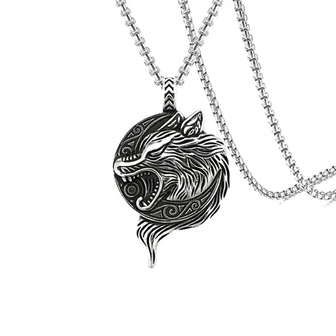 Men Vintage Nordic Viking Wolf Head Pendant Necklace Stainless Steel Box Chain Punk Style Jewelry Gift For Daily Party