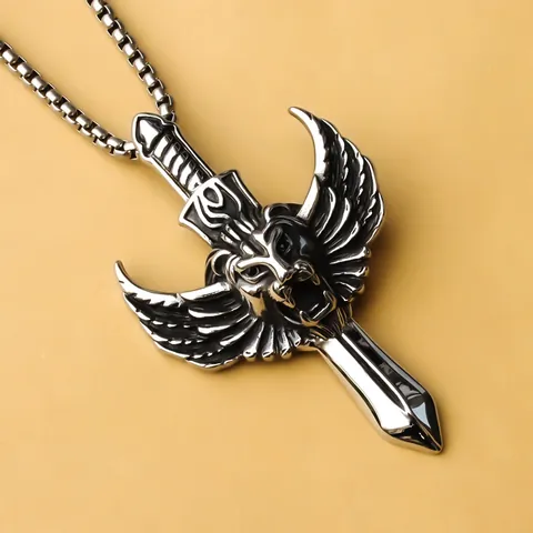 Collana con Pendente a Spada ad Ala con Testa di Leone in Acciaio Inossidabile Punk Vintage per Uomo Gioielli