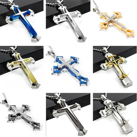 Fashion Alloy Cross Pendant Necklace With Ball Chain Multilayer Zirconia Rhinestone Religious Jewelry For Men Women