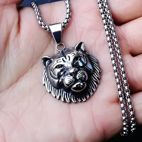 Collana con Pendente a Testa di Tigre e Leone in Acciaio Inossidabile Vintage per Uomo Donna Gioielli in Lega Punk Retro