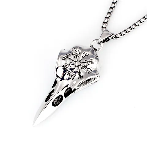 Vintage Wikinger Edelstahl Vogelschädel Rabe Anhänger Halskette Vegvisir Kompass Gothic Punk Herren Schmuck