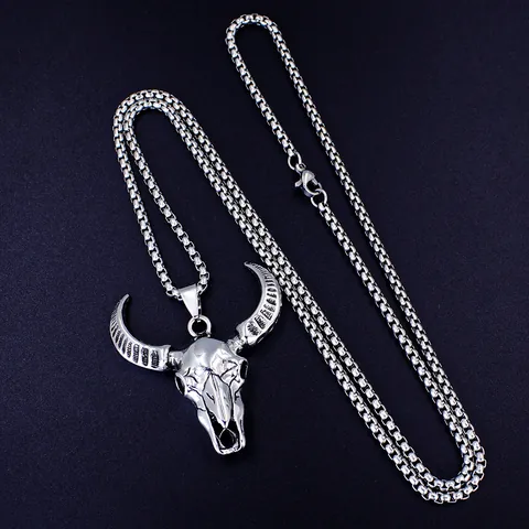 Collana con Pendente a Testa di Toro Vichingo Vintage Catena Veneziana in Acciaio Inossidabile per Uomo Gioielli Punk Hip Hop