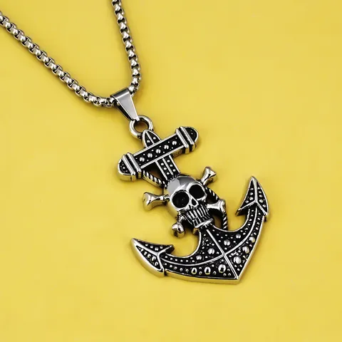 Collar de Cadena de Acero Inoxidable Vintage con Colgante de Calavera y Ancla para Hombre Punk Gótico Tótem Animal Joyería