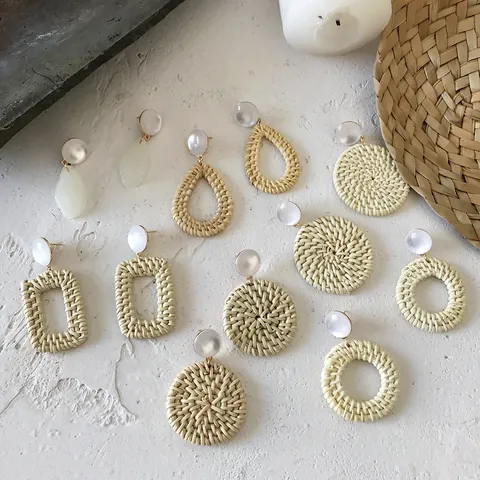 Handmade Woven Rattan Straw Geometric Earrings Bohemian Vacation Resin Alloy Stud Drop Earrings For Women Summer Jewelry