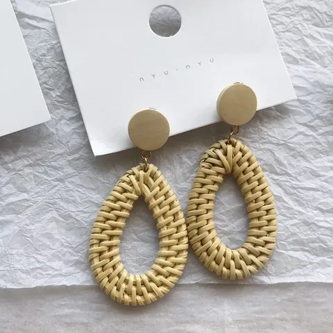 Bohemian Rattan Woven Wood Drop Earrings For Women Summer Vacation Geometric Round Teardrop Stud Earrings Jewelry Gift