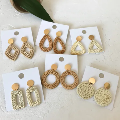 Bohemian Handmade Rattan Earrings For Women Geometric Straw Woven Drop Earrings Square Round Teardrop Summer Jewelry
